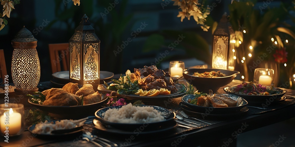 Delicious moroccan food served on table decorated with oriental lanterns and candles for ramadan dinner Delicious moroccan food served on table decorated with oriental lanterns and candles for ramadan dinner