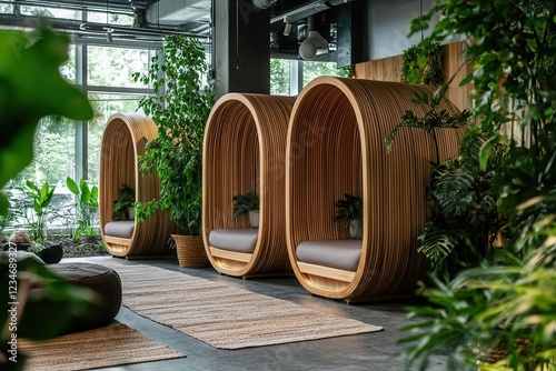 Obraz na płótnie serene office garden space with meditation pods, natural light, and biophilic design elements promoting workplace wellness and mindfulness w salonie