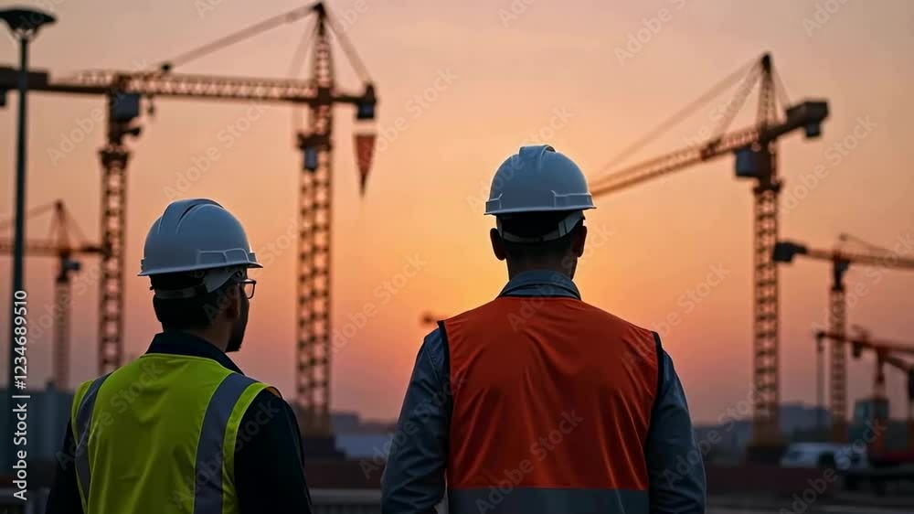 Two men in construction helmets and orange vests stand with their backs to the camera. They look at the construction site, where several tower cranes are visible against the sunset. Two men in construction helmets and orange vests stand with their backs to the camera. They look at the construction site, where several tower cranes are visible against the sunset.
