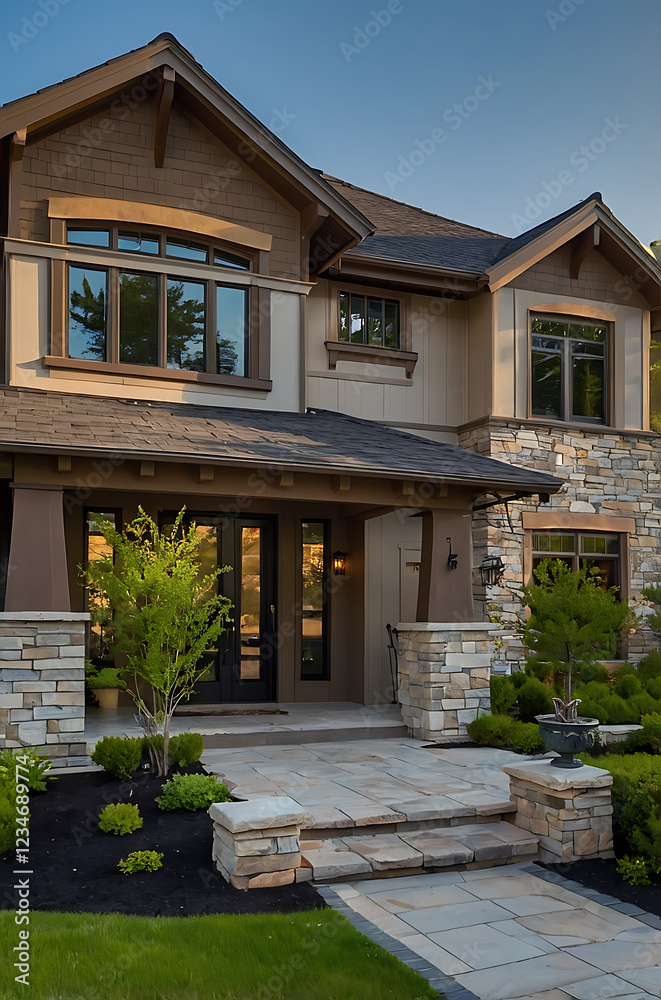 Obraz premium Luxury Modern Home Exterior: Stone and Wood Architectural Design