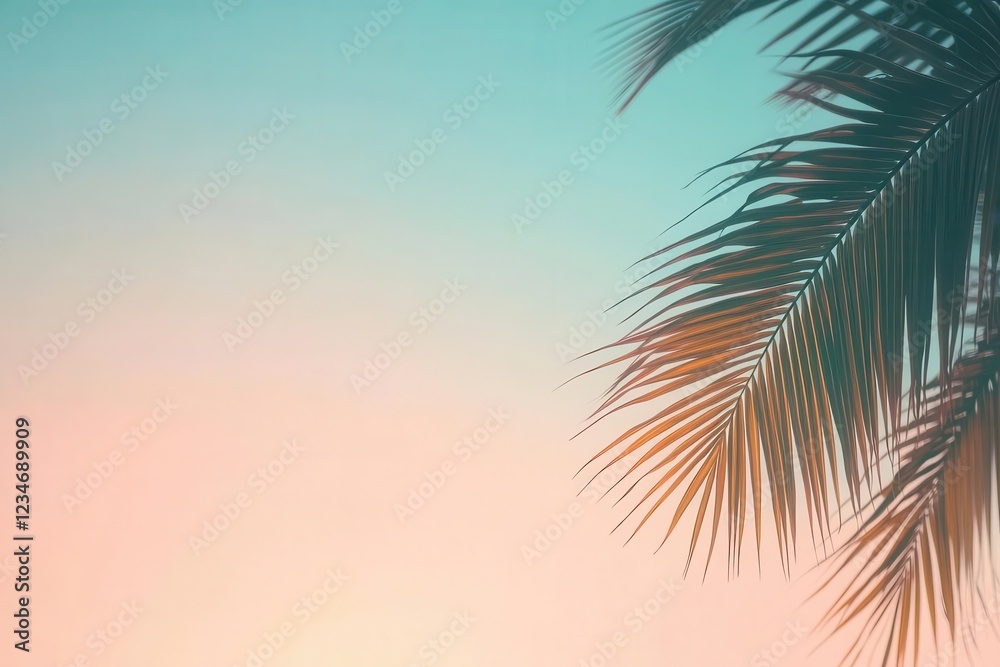 serene tropical beach at golden hour with soft focus palm silhouettes and pastel sky gradient