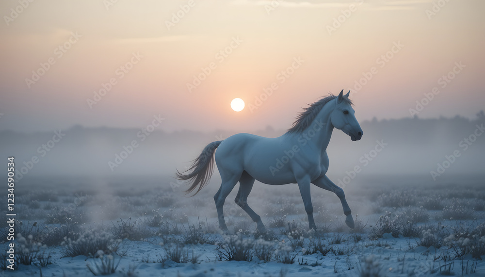 Naklejka premium White horse running in misty sunrise.