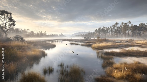 Foggy Marshland Scene with Tall Grasses and Calm Water Reflections
