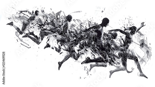 Illustrate the dynamic fusion of Aerial Robotics Ballet using a combination of traditional pen and ink sketching with glitch art elements Portray drones and dancers in a mesmerizing display of pixelat photo