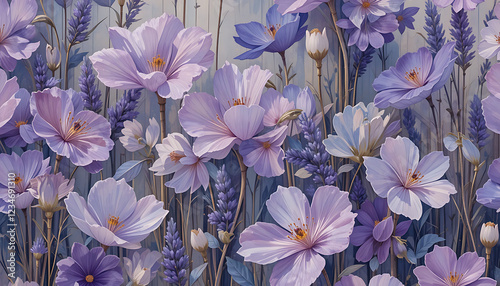 Abstract minimalist vibrant transparent wild flowers in oil painting seamless pattern with transparent leafs in lashes violet natural with lavender flowers, vintage, soft colours combination, digital 