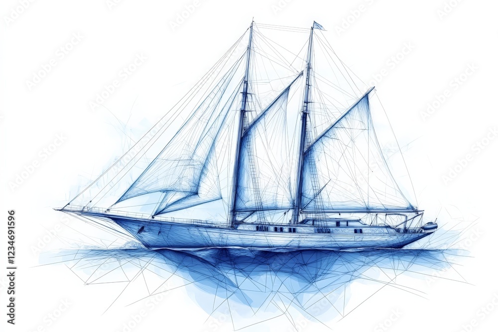 Elegant sailing ship design with intricate lines and vibrant blue hues anchored on serene water Elegant sailing ship design with intricate lines and vibrant blue hues anchored on serene water