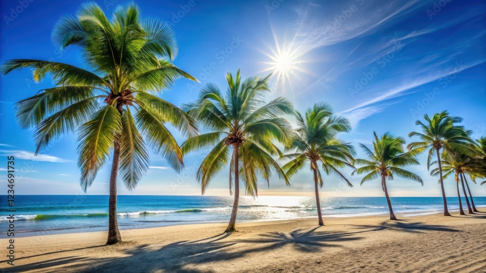 Sunny day at the beach with palm trees and a blue sky, palm trees, relaxation, palm trees, relaxation, ocean, vacation Sunny day at the beach with palm trees and a blue sky, palm trees, relaxation, palm trees, relaxation, ocean, vacation