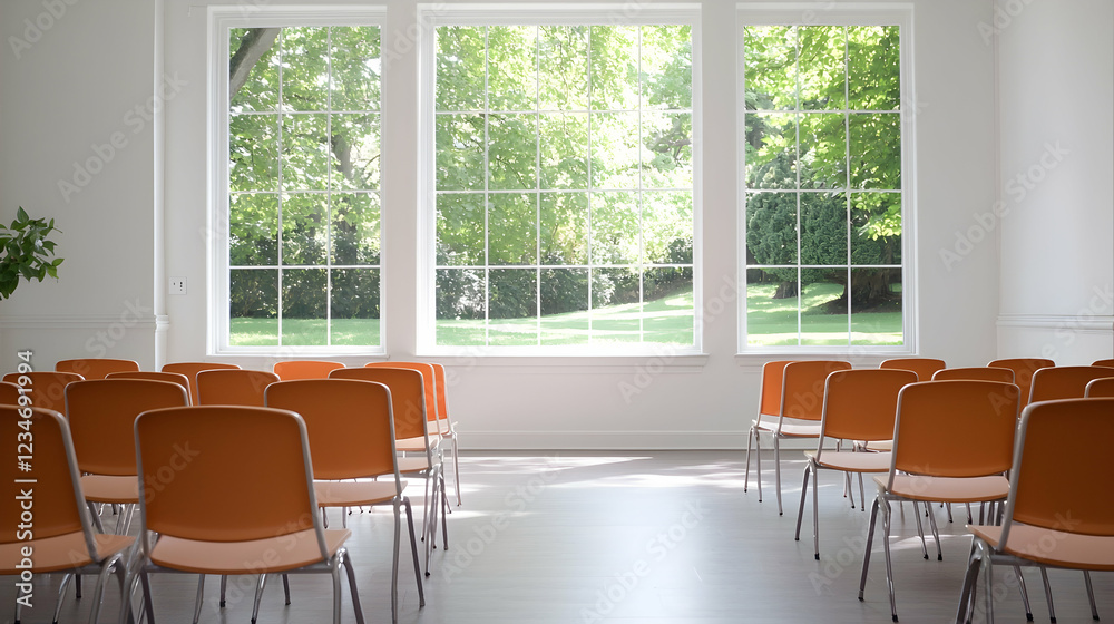 Fototapeta premium Empty orange chairs arranged in rows inside a bright seminar room with large windows overlooking a green park.