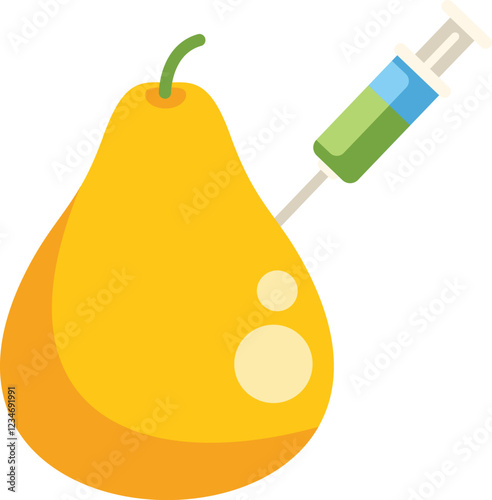 Syringe injecting green liquid into a pear illustrating the concept of gmo food and farming