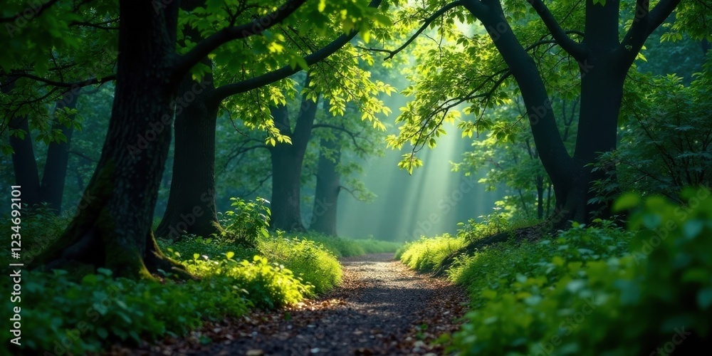 Obraz premium Serene Woodland Path Sunbeams Illuminate a Tranquil Forest Trail, Lush Green Undergrowth and Majestic Trees Create a Picturesque Scene of Natural Beauty