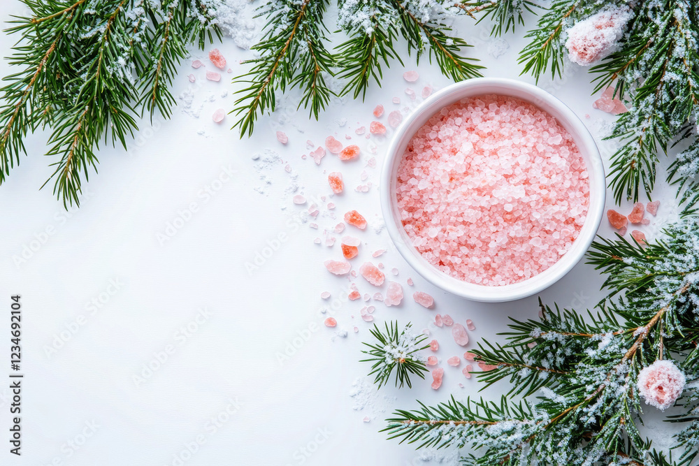 Pink Himalayan Salt with Snowy Pine Branches - Winter Spa Concept Pink Himalayan Salt with Snowy Pine Branches - Winter Spa Concept