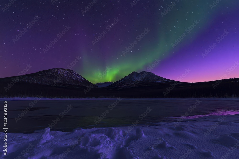 Naklejka premium spectacular emerald and violet aurora borealis dancing across starlit sky, reflecting off pristine snow-covered landscape, majestic mountain silhouettes