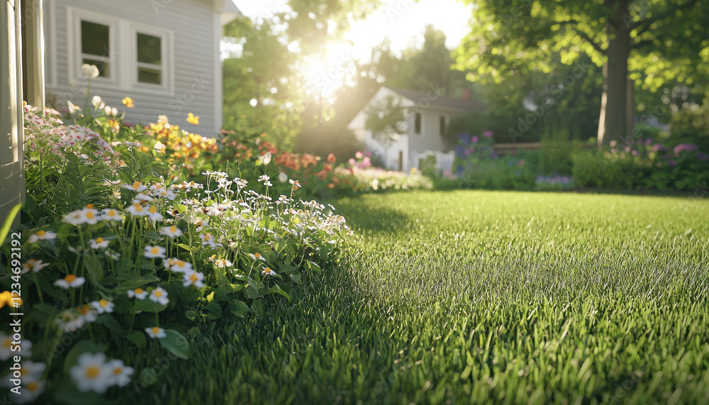 Obraz premium vibrant front yard garden with sunlight illuminating colorful flowers and lush grass