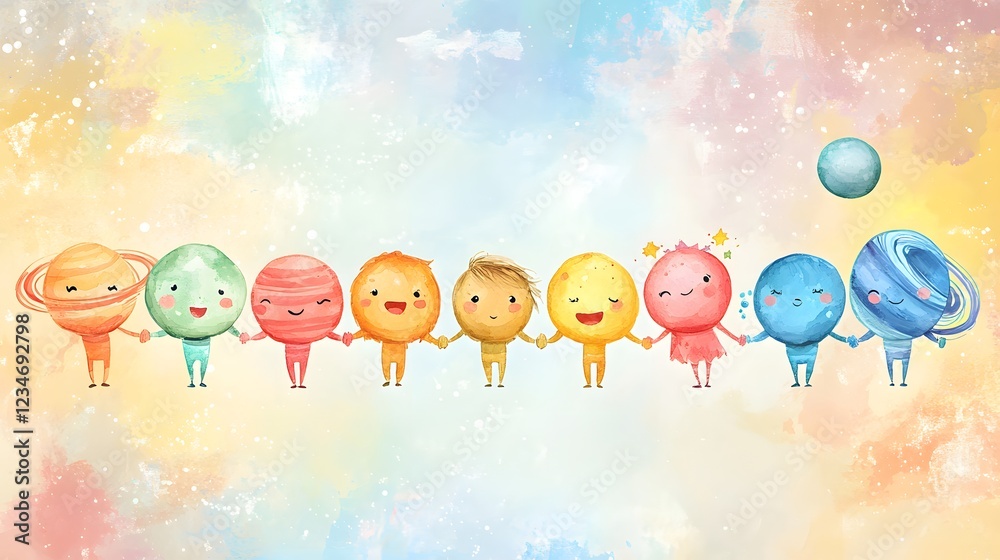 Naklejka premium Colorful Cartoon Planets Holding Hands in a Joyful Display
