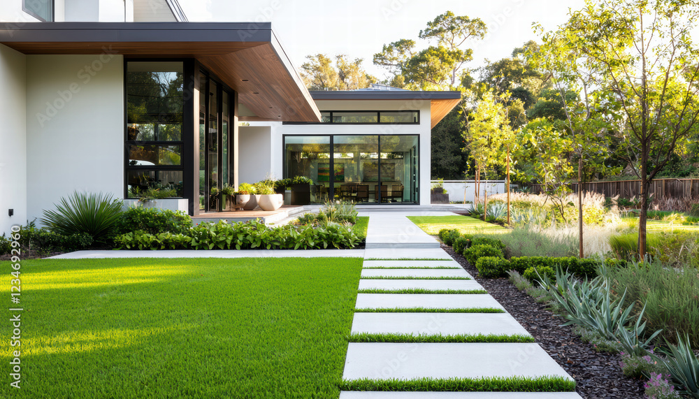 Fototapeta premium modern home with wide open front lawn featuring healthy green grass and stylish pathway