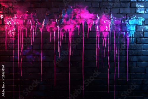 Vibrant neon paint drips on brick wall