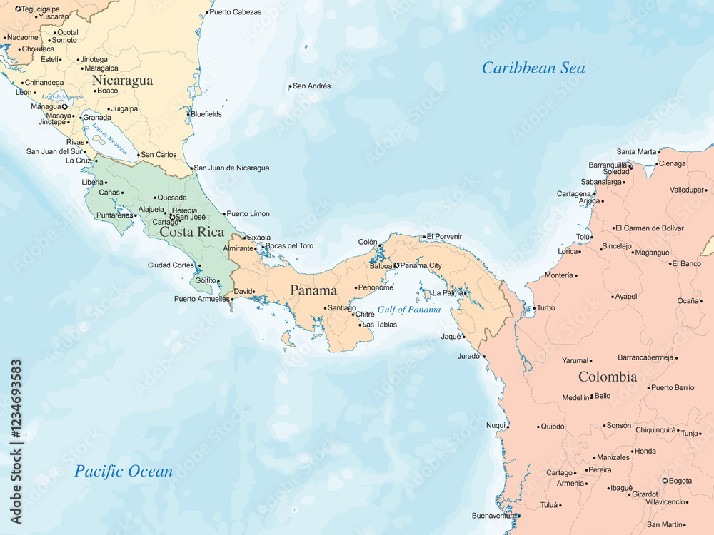 Obraz premium Political map highlighting Nicaragua, Costa Rica, Panama, and northern Colombia, showing country borders, major cities, and bodies of water such as the Caribbean Sea and the Pacific Ocean.