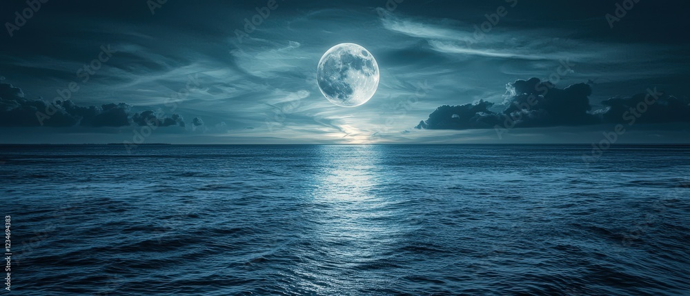 Fototapeta premium Glowing full moon casting shimmering reflections on the calm ocean under a starry night sky, symbolizing serenity and mystery. Perfect for nature, nightscape, and romantic scenery themes.