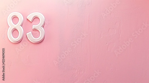 Blush pink wall with number 83 written in white. Copy space