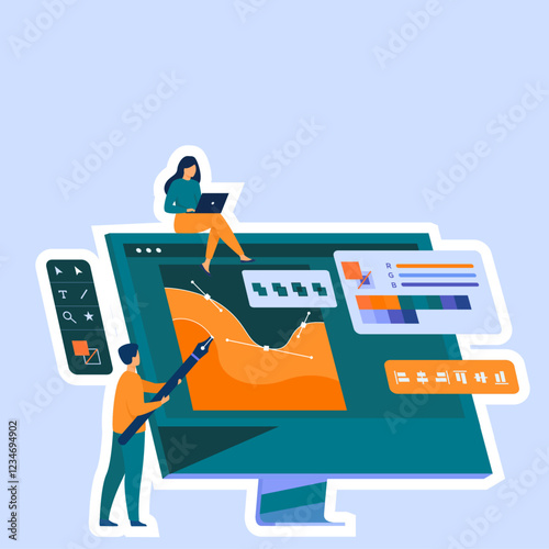. Designers' team does interface design of app. SEO does research, analysis. Characters search information in internet. Flat isolated vector illustrations on white background