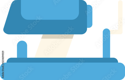 Blue stapler on a white background, fastening sheets of paper together with a metal staple