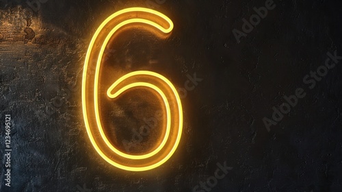 Black wall with number 6 written in neon yellow. Copy space