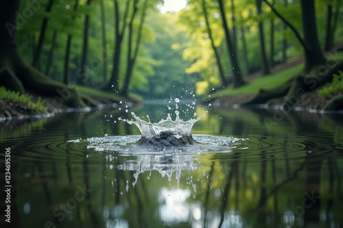 A splash of water in a serene forest setting
