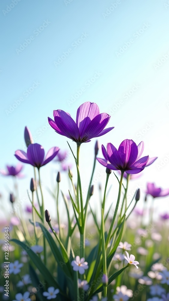 Vibrant purple petals dance in the breeze, set against a soft blue sky backdrop Vibrant purple petals dance in the breeze, set against a soft blue sky backdrop