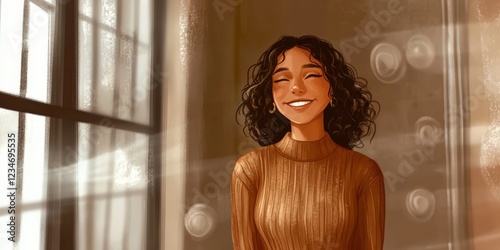 Wallpaper Mural Smiling woman with curly hair in a cozy, sunlit room Torontodigital.ca
