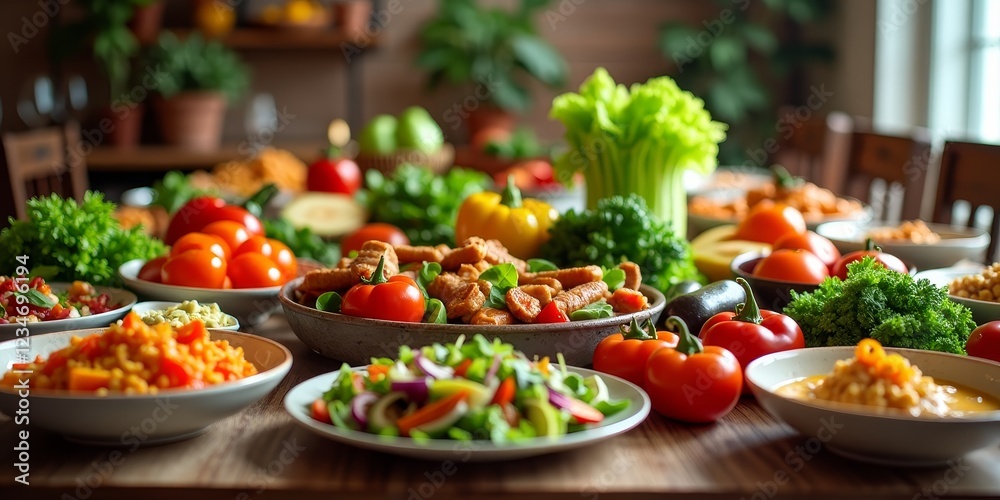 Fototapeta premium A vibrant salad with tomatoes, cucumbers, and lettuce