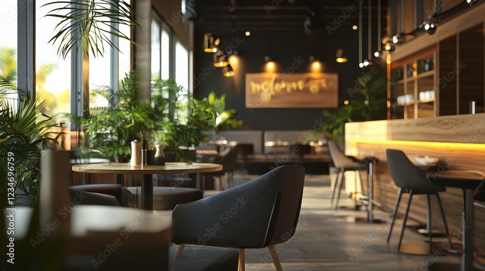 Obraz premium Modern cafe interior with warm lighting, wooden decor, and lush greenery, creating a cosy and inviting ambiance. Perfect for restaurant design, hospitality, and lifestyle themes.