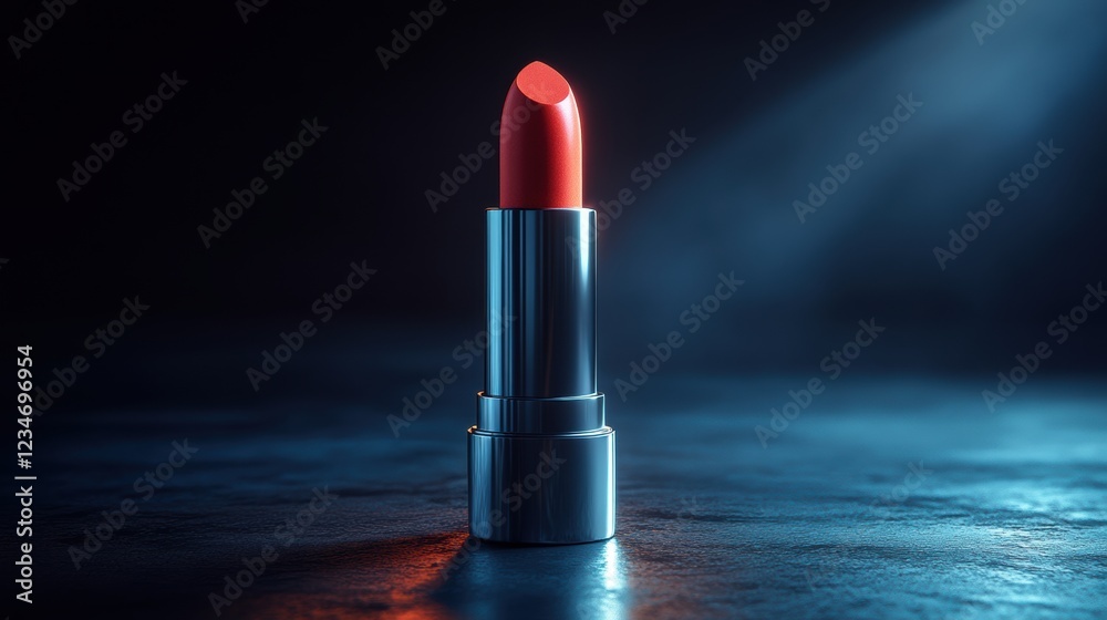 A pastel orange lipstick 0n the left side of frame , isolated on a black background, in the front view, with reflections of light and shadow on the packaging, A pastel orange lipstick 0n the left side of frame , isolated on a black background, in the front view, with reflections of light and shadow on the packaging,
