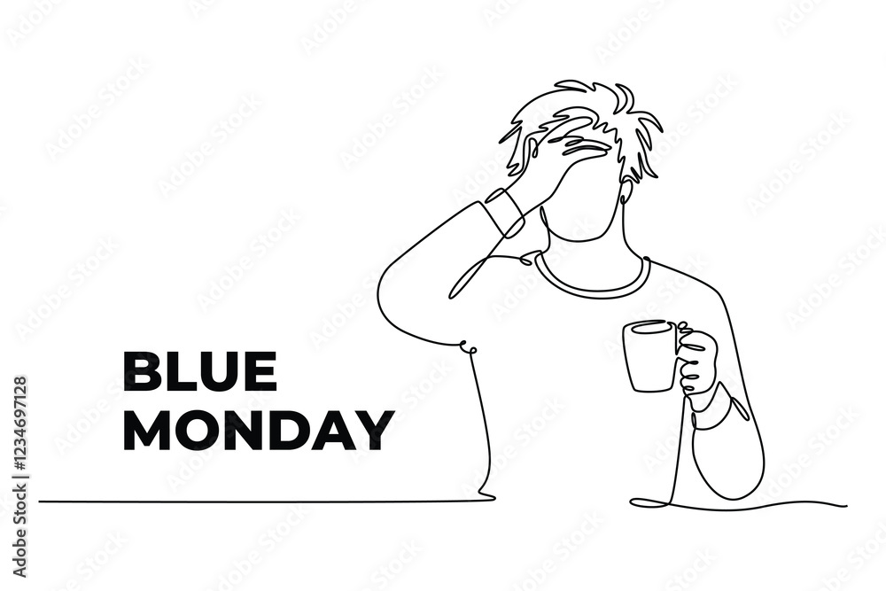 One continuous line drawing of blue Monday concept. Doodle vector illustration in simple linear style. One continuous line drawing of blue Monday concept. Doodle vector illustration in simple linear style.