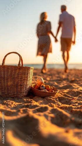 Romantic Beach Sunset Picnic A Couple Walks Along Sandy Shore at Golden Hour