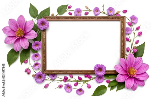 A wooden border framed with pink, lilac flowers and green leaves. There is a lot of free space in the middle for text. Background white