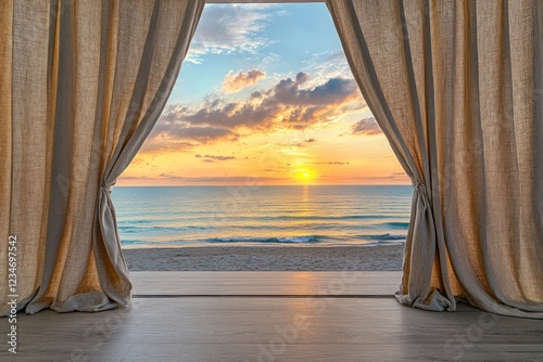 Beige linen curtains on a floor-to-ceiling window with a serene beach view during sunset.