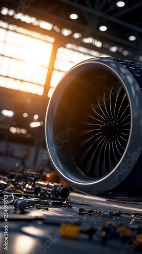 Close up of a Dark Blue Jet Engine in a Hangar with Warm Sunlight