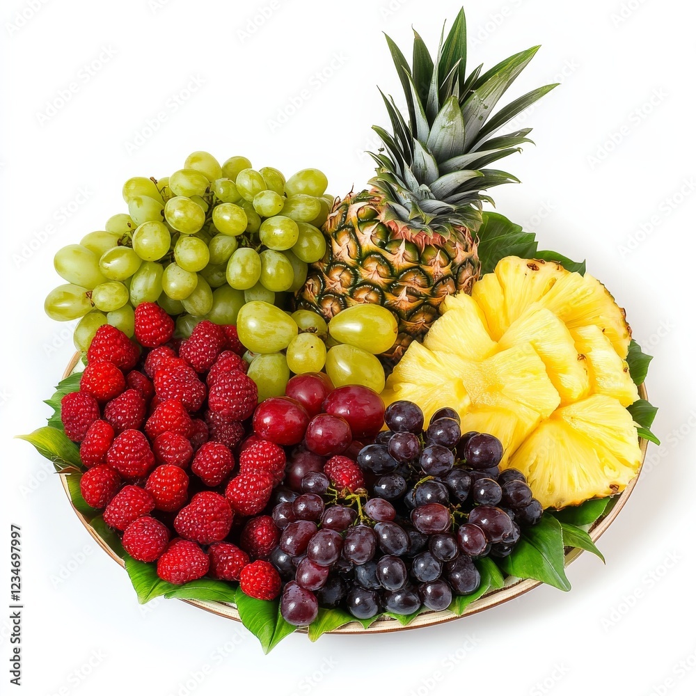 A vibrant fruit platter with grapes, pineapple, and berries