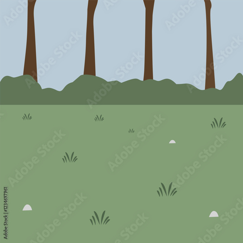 Forest illustration. Forest meadow. Simple forest. Bushes. Grass on the park. Countryside. Jungle.