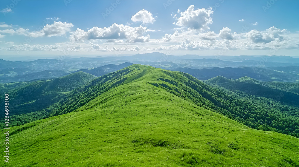 Fototapeta premium Green mountain ridge, sunny day, distant hills, travel postcard