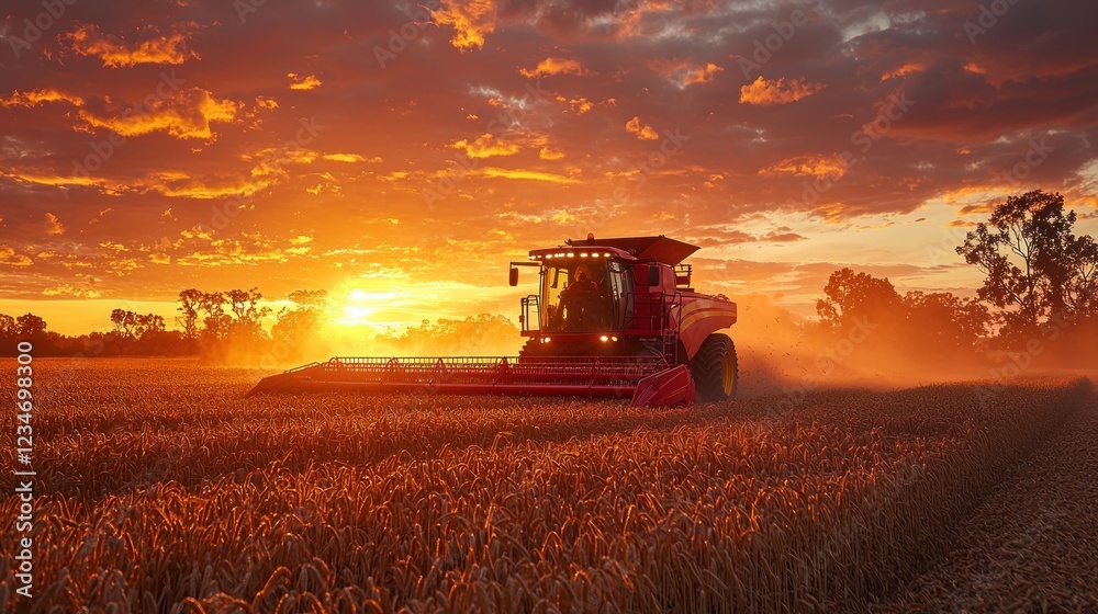Obraz premium Combine harvesting wheat field sunset