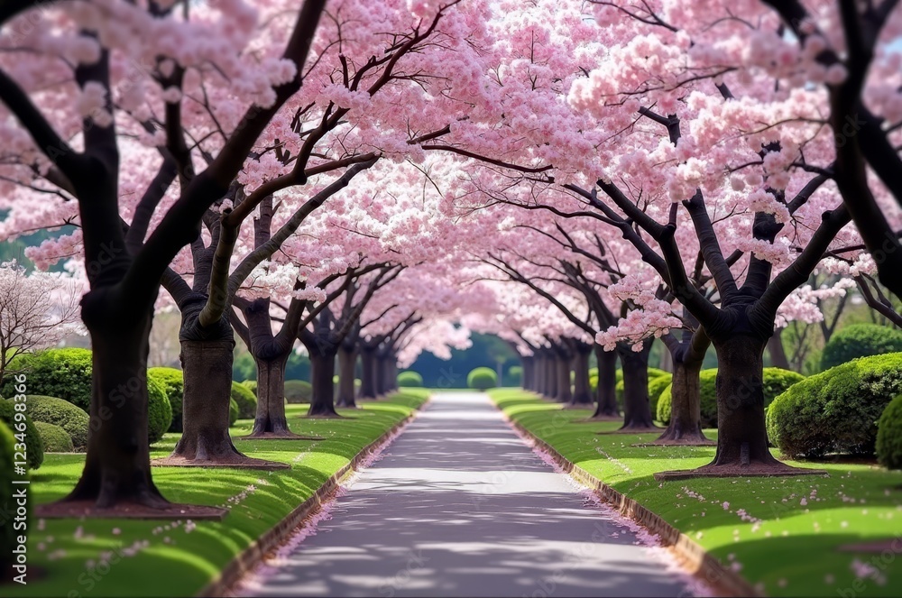 A picturesque scene unfolds, featuring a majestic tree adorned with delicate pink blossoms A picturesque scene unfolds, featuring a majestic tree adorned with delicate pink blossoms