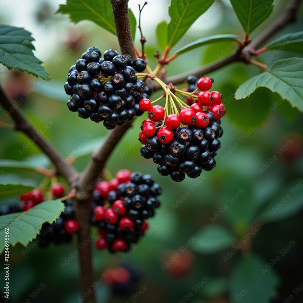 A cluster of dark purple and red berries on a bush A cluster of dark purple and red berries on a bush