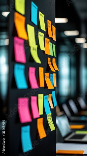 Colorful Sticky Notes on Black Board in Modern Office Setting