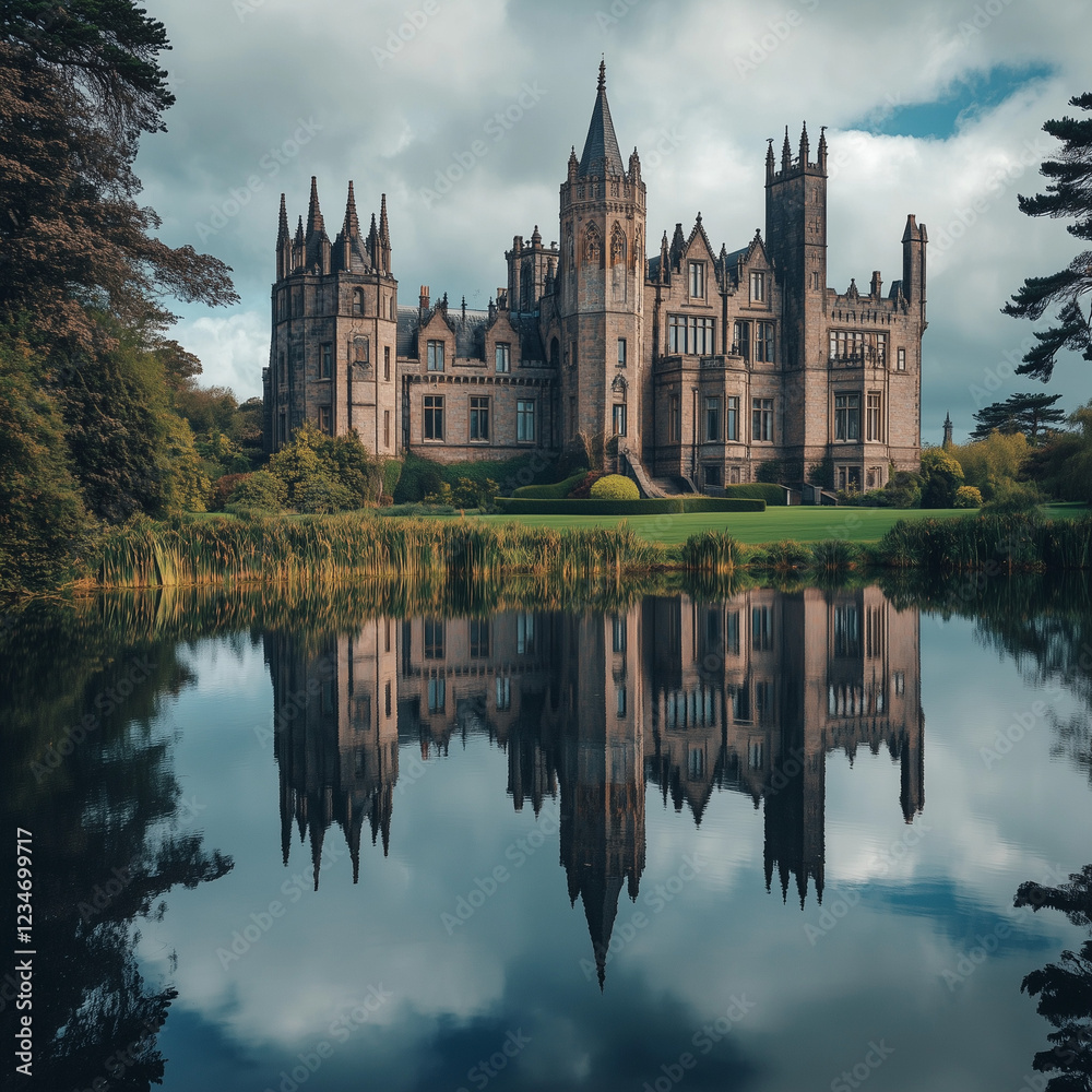 Obraz premium irishcastle, castle, spires, lake reflection, manicuredgardens, rollinghills, grandarchitectureA full view of a grand Irish castle with towering spires reflects in a peaceful lake, surrounded by man