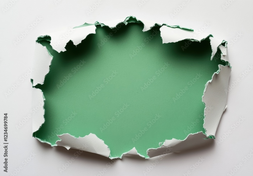 Green square hole on a white paper with a ripped edge against a pure background, top view. Green square hole on a white paper with a ripped edge against a pure background, top view.