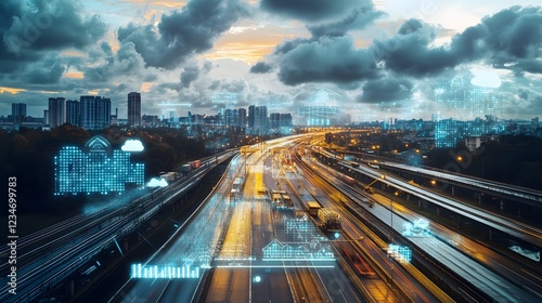 A stunning view of a modern city skyline with digital overlays, showcasing the fusion of technology and urban life.