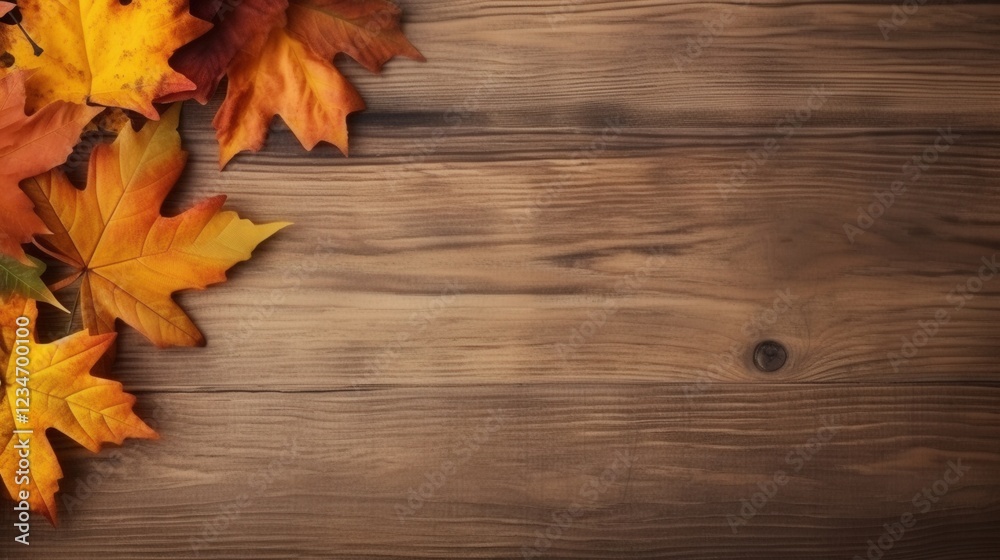 Obraz premium Autumn Leaves on Old Wooden Surface Creating a Warm, Chaotic Aesthetic in a Soft Natural Environment