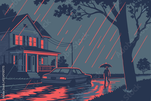  Heavy rain at night, flooded suburban street, car taillights, house with porch light, figure with umbrella, reflections on water, atmospheric lighting, cinematic, moody, dramatic, photorealistic, d