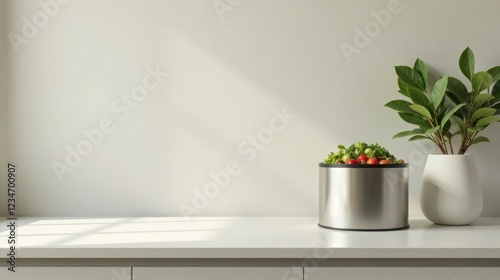 Simple Kitchen Still Life Fresh Produce in Modern Metal Container Beside Potted Plant on White Counter